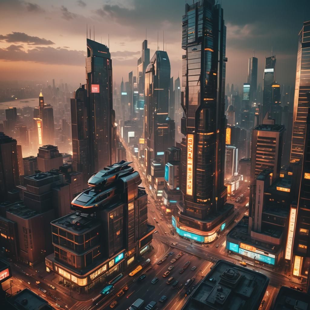 Futuristic Cityscape at Sunset in Cinematic Style