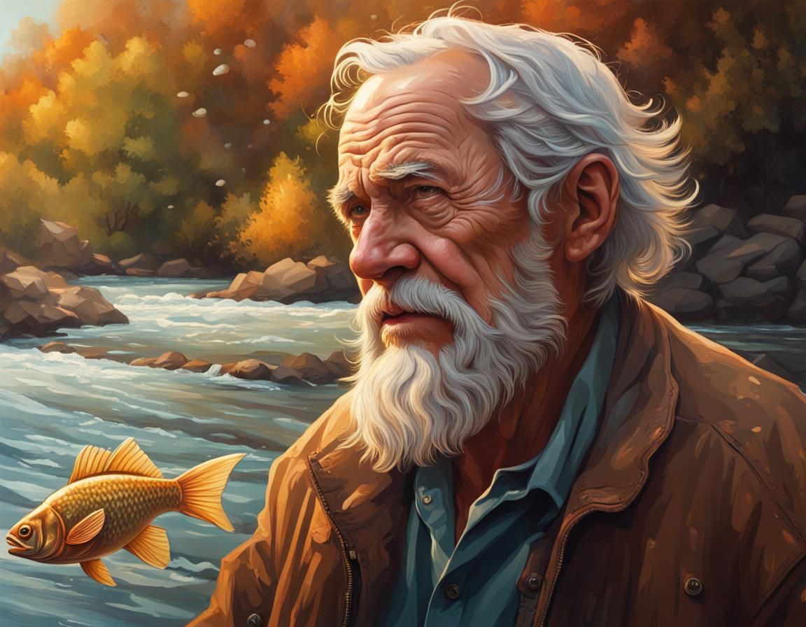 Hyperrealistic Old Man Fishing by a River