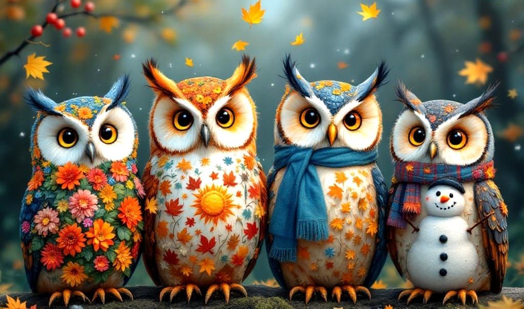 Vibrant Seasonal Owls in Whimsical Realism