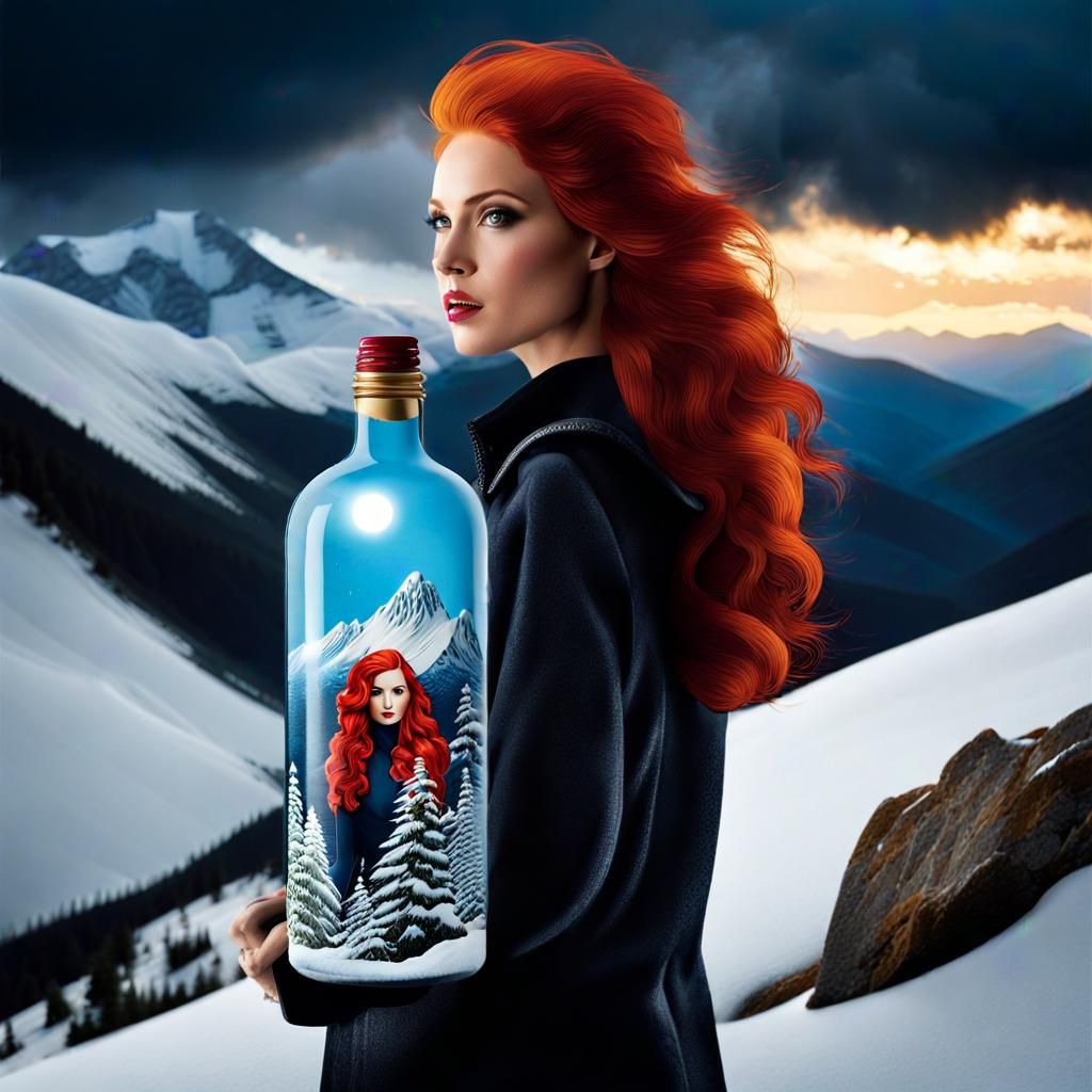 Redhead in a Bottle on Snowy Mountain