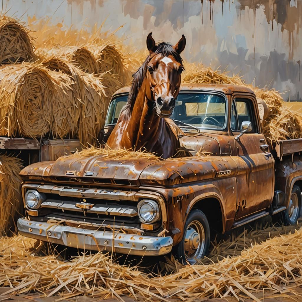 Majestic Horse Behind Vintage Truck, Abstract Expressionism