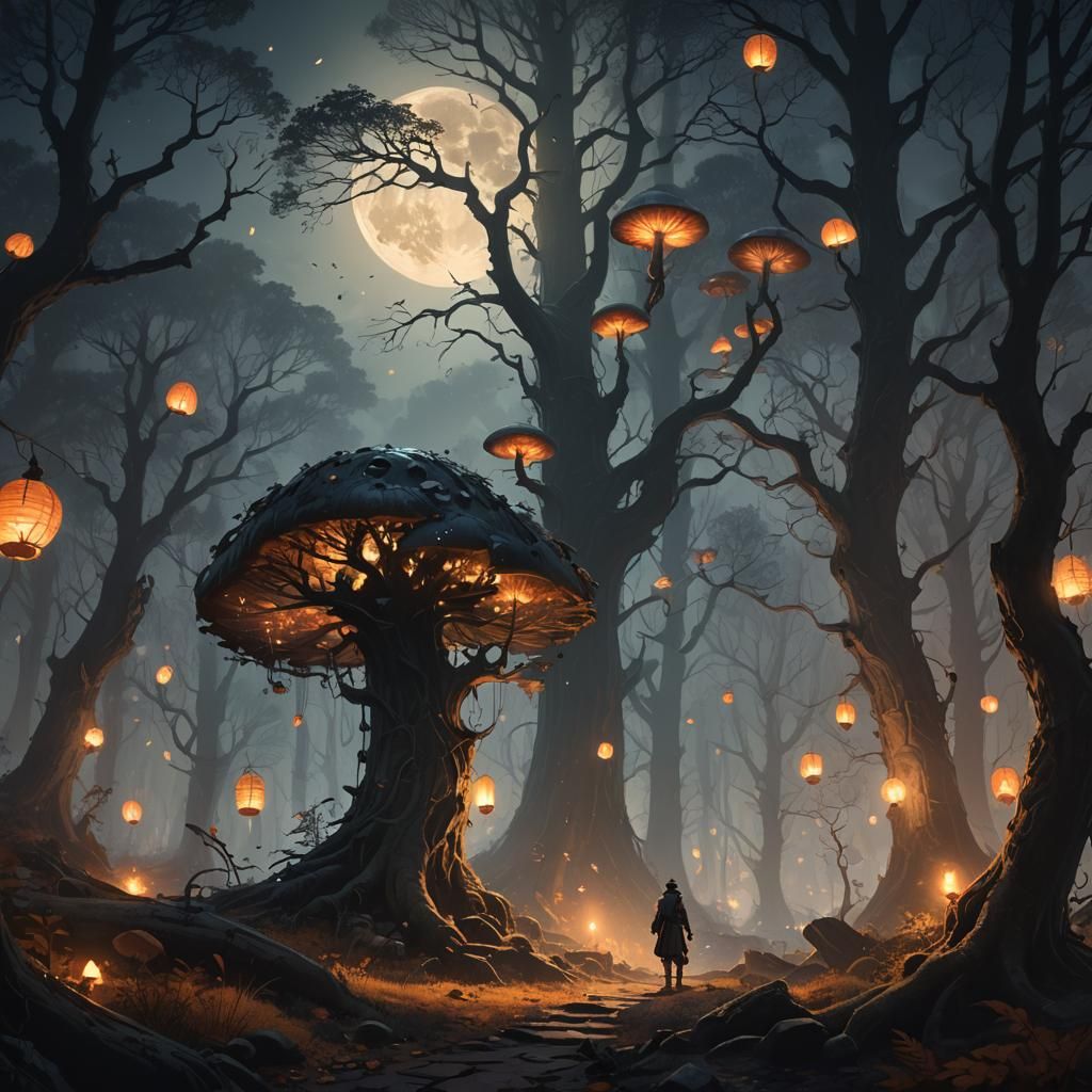 Mystical Forest Figure by Firelight in Dark Fantasy Art