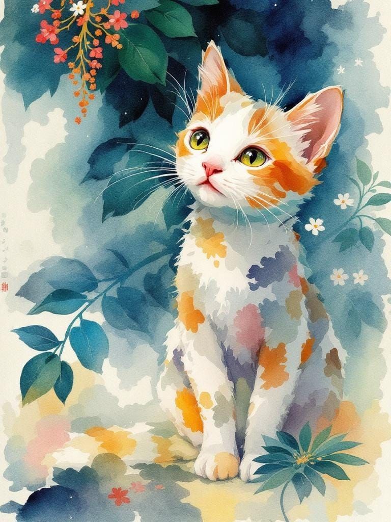 Adorable Cat Amidst Blooming Flowers in Folk Watercolor Styl...