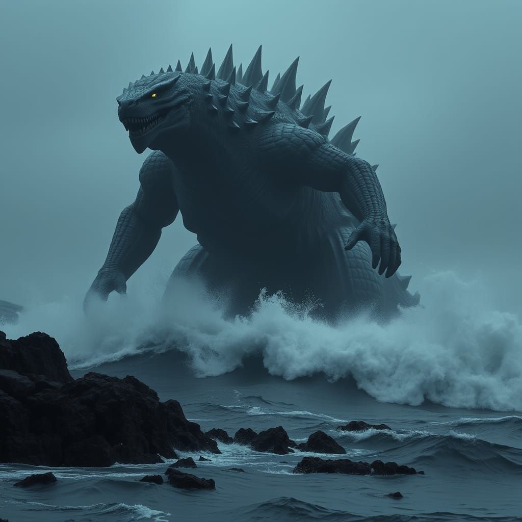 Gargantuan Female Titan Rises from the Turbulent Sea in Dark...