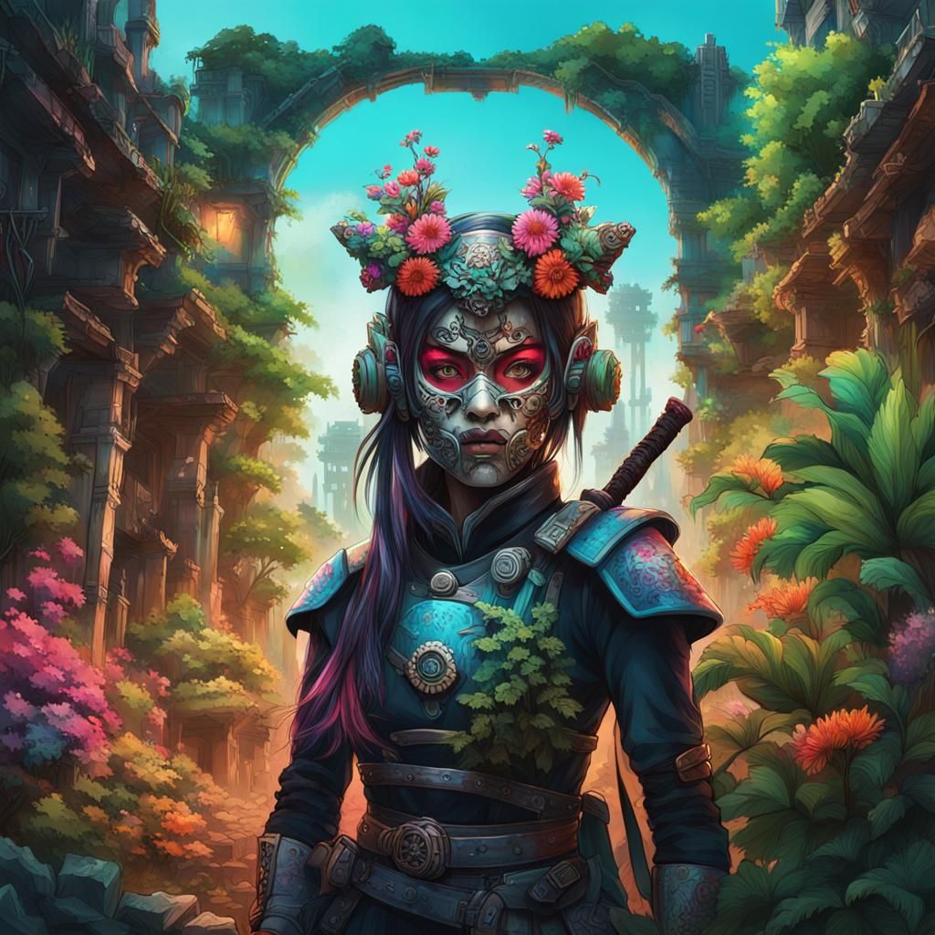 Steampunk Samurai Girl in Post-Apocalyptic Neon City