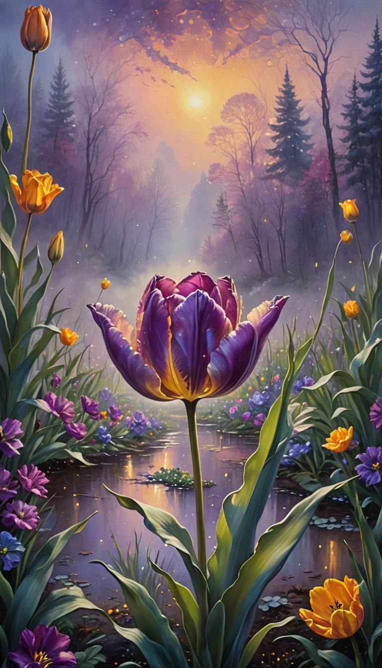 Purple Tulip in Ethereal Glowing Mist Landscape
