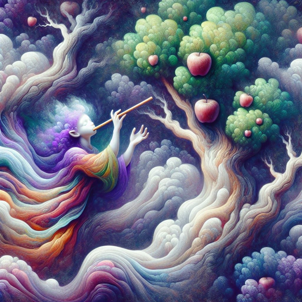 Surreal Trees Embrace Child Playing Flute