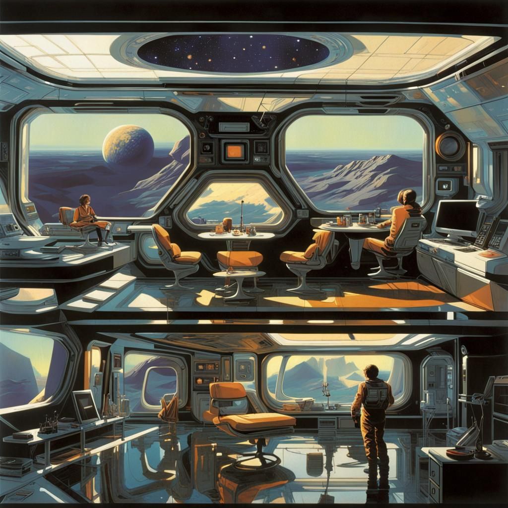 16k resolution, art by Syd Mead, Chris Foss. Zero-gravity living quarters, astronauts floating, compact and futuristic f...