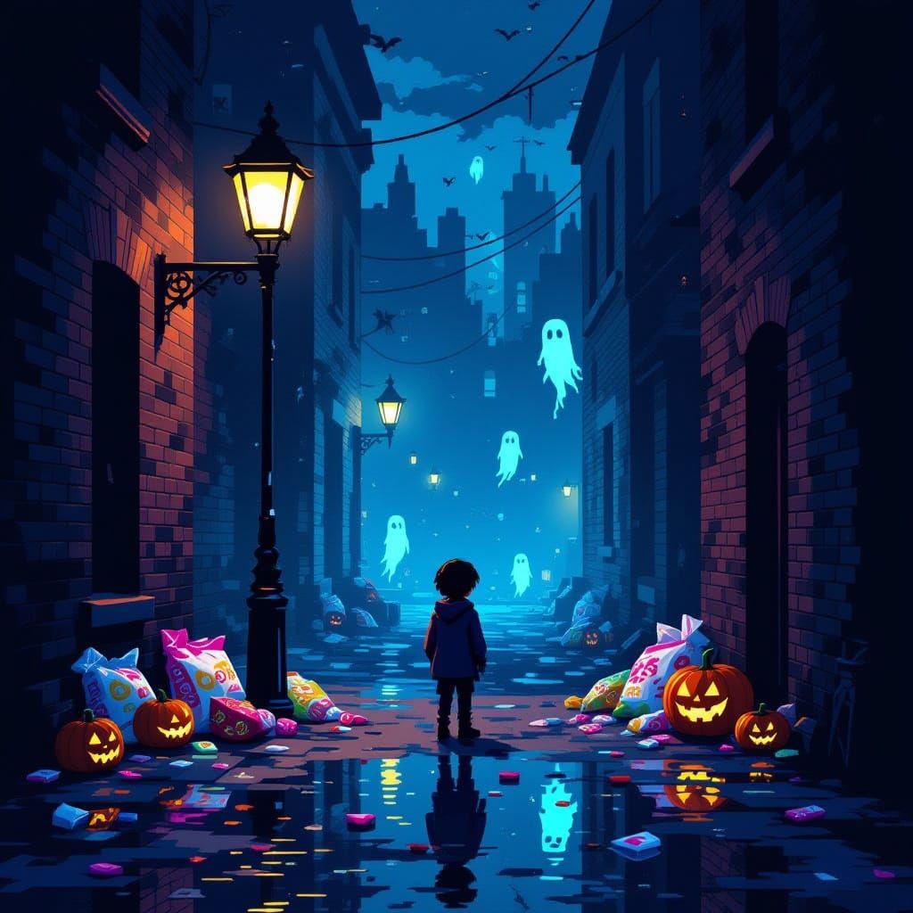 Pixel Art Alleyway at Night with Ghostly Reflections