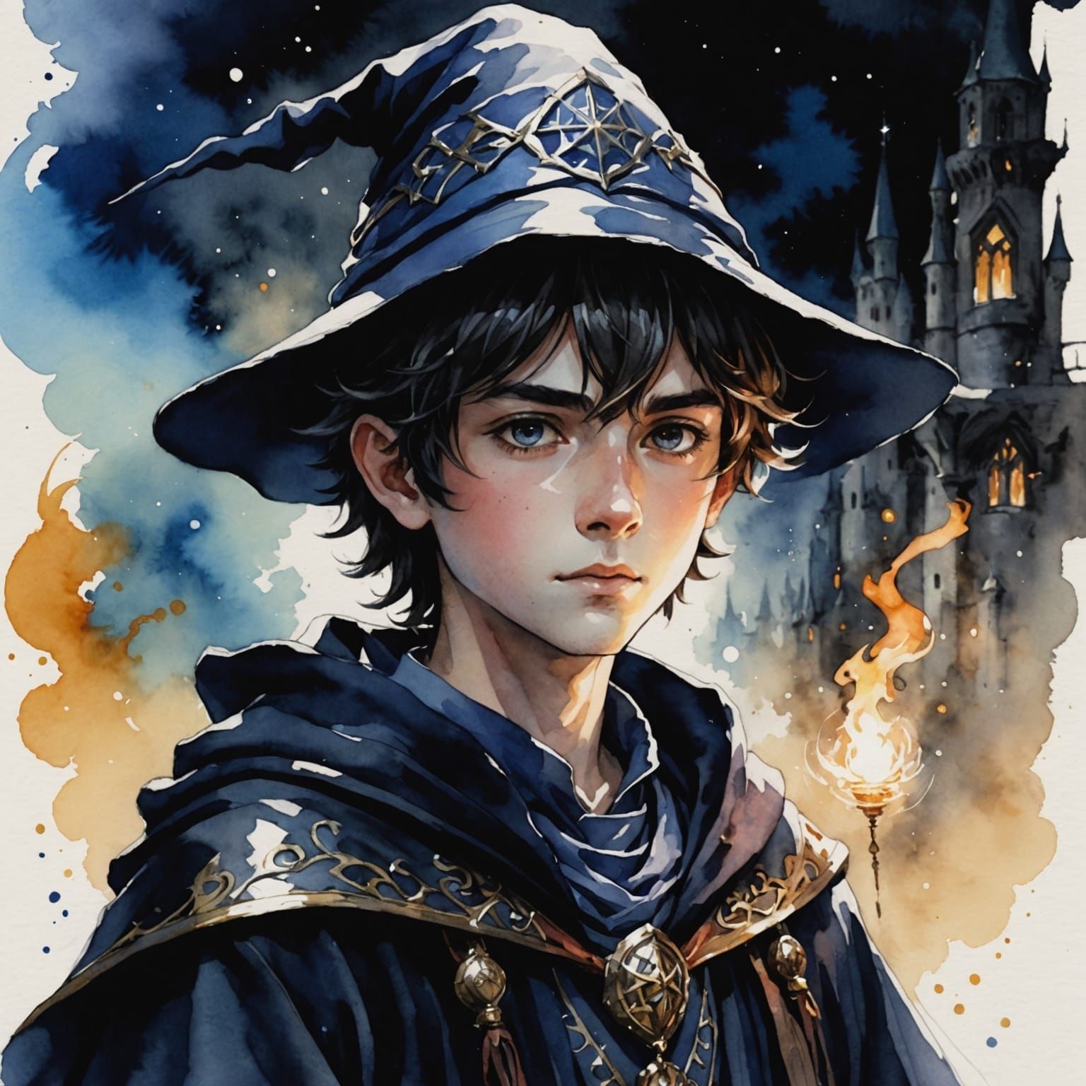 Anime Wizard Boy in Watercolor Chiaroscuro Style