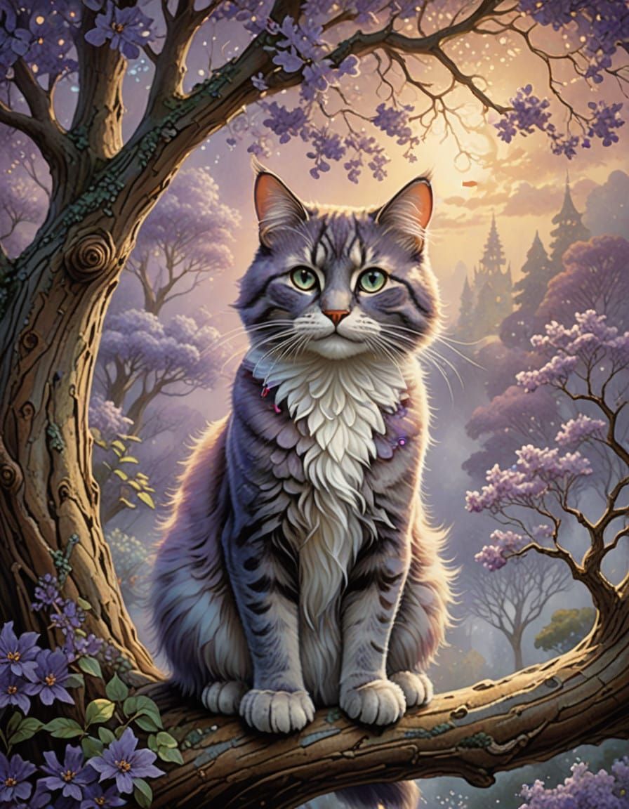 Serene Cat in Majestic Jacaranda Tree with Vibrant Blooms