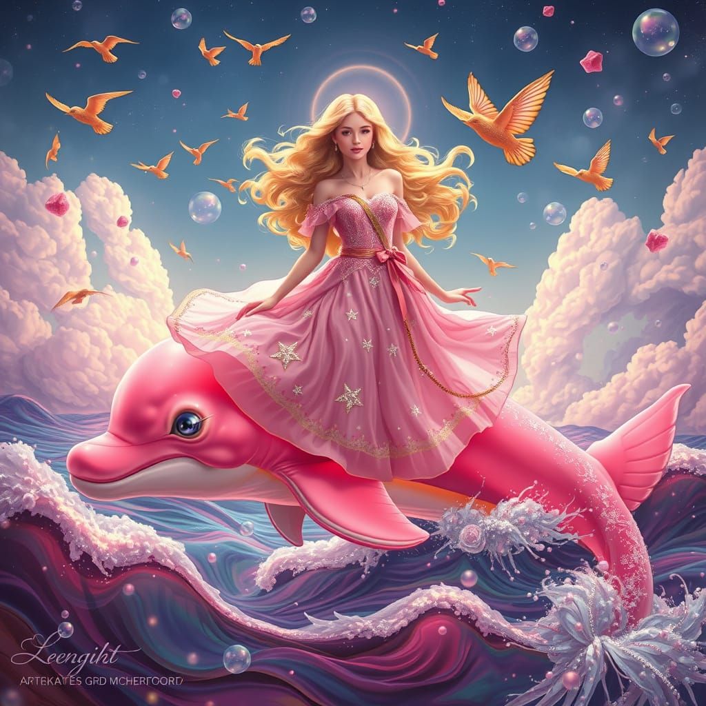 Woman Rides Gummy Dolphin in Candy Sea, Digital Art
