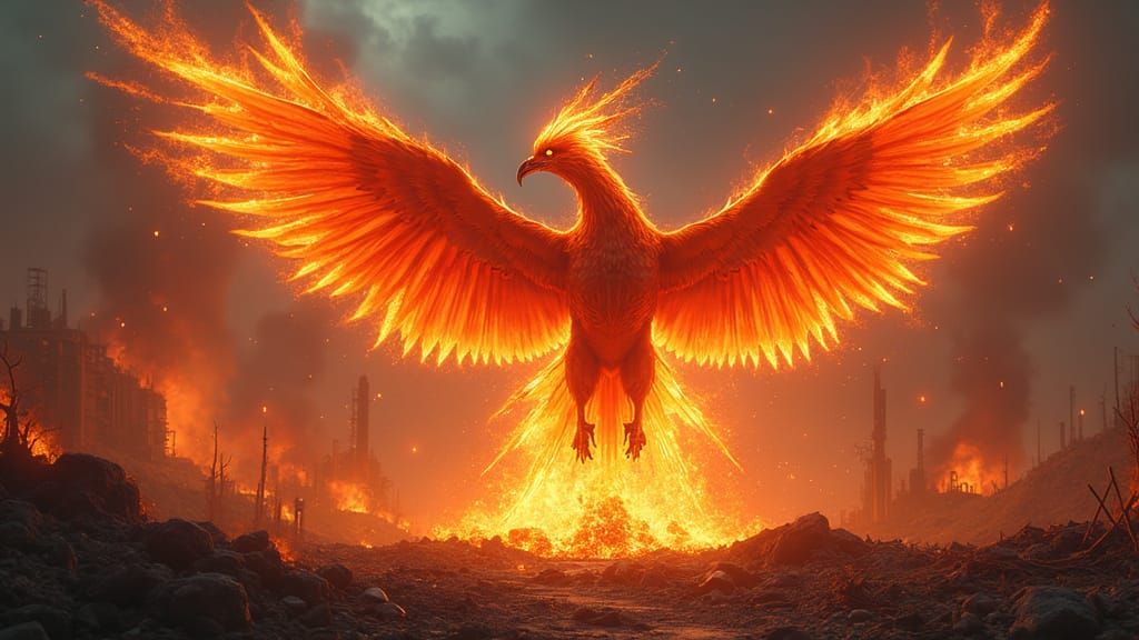 Majestic Phoenix Deity Rises From Apocalyptic Flames
