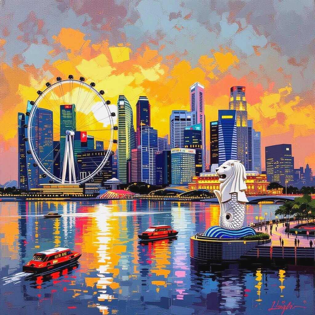 Singapore Cityscape with Marina Bay in Oil Paint Style