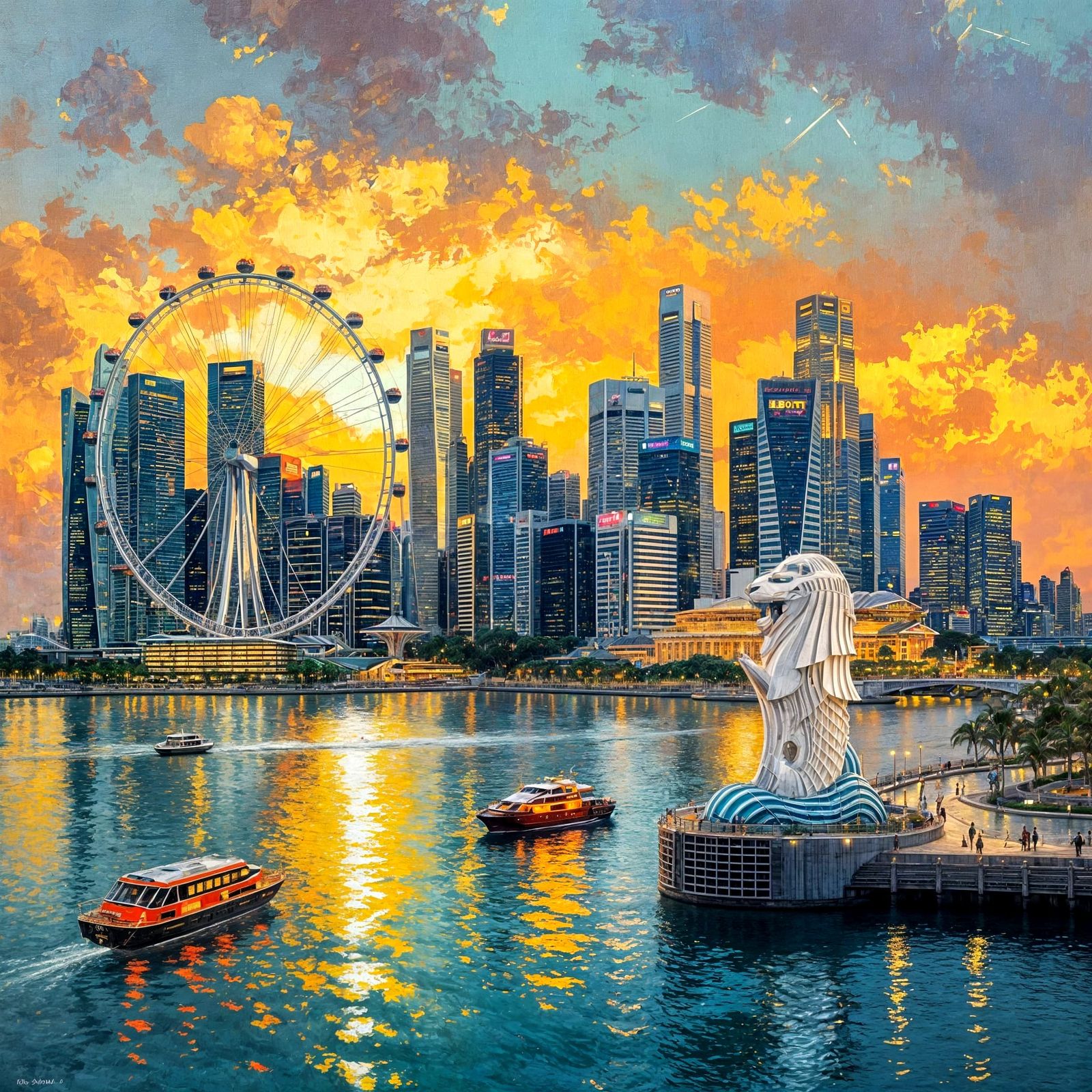 Singapore Cityscape with Marina Bay, Impasto Painting