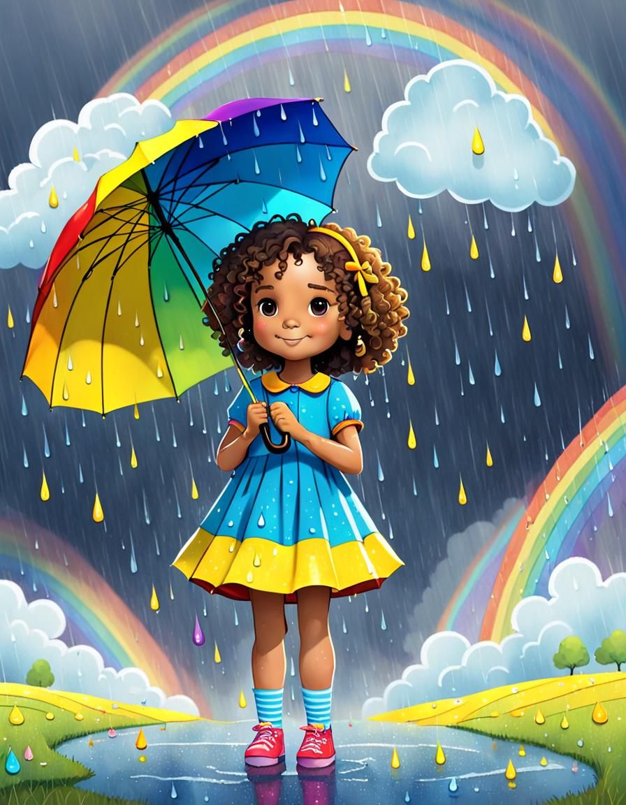 Cartoon Girl with Umbrella Under Rainbow Cloud