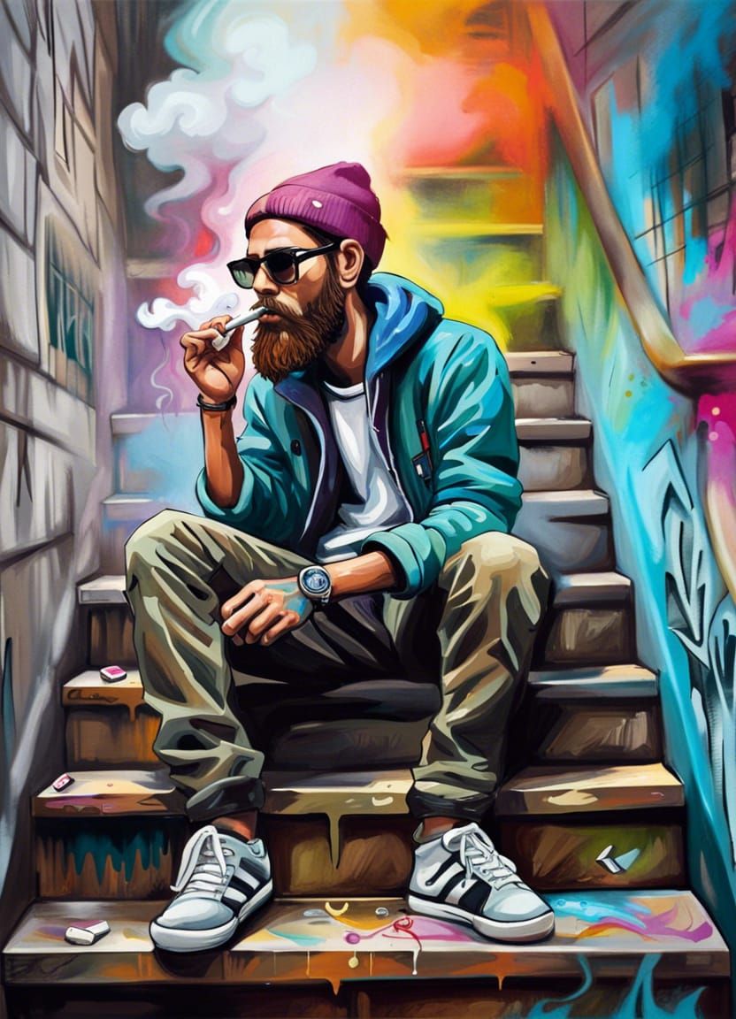 Hipster Smoking Joint in Graffiti Street Art