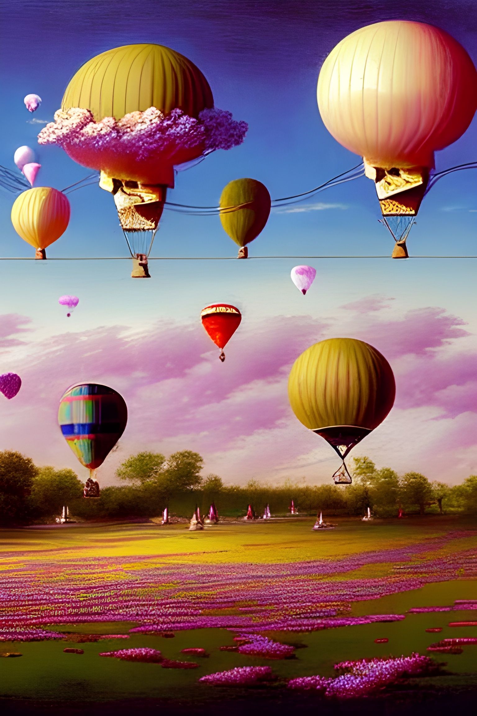 Ethereal Ice Cream Balloons Over Cherry Blossoms