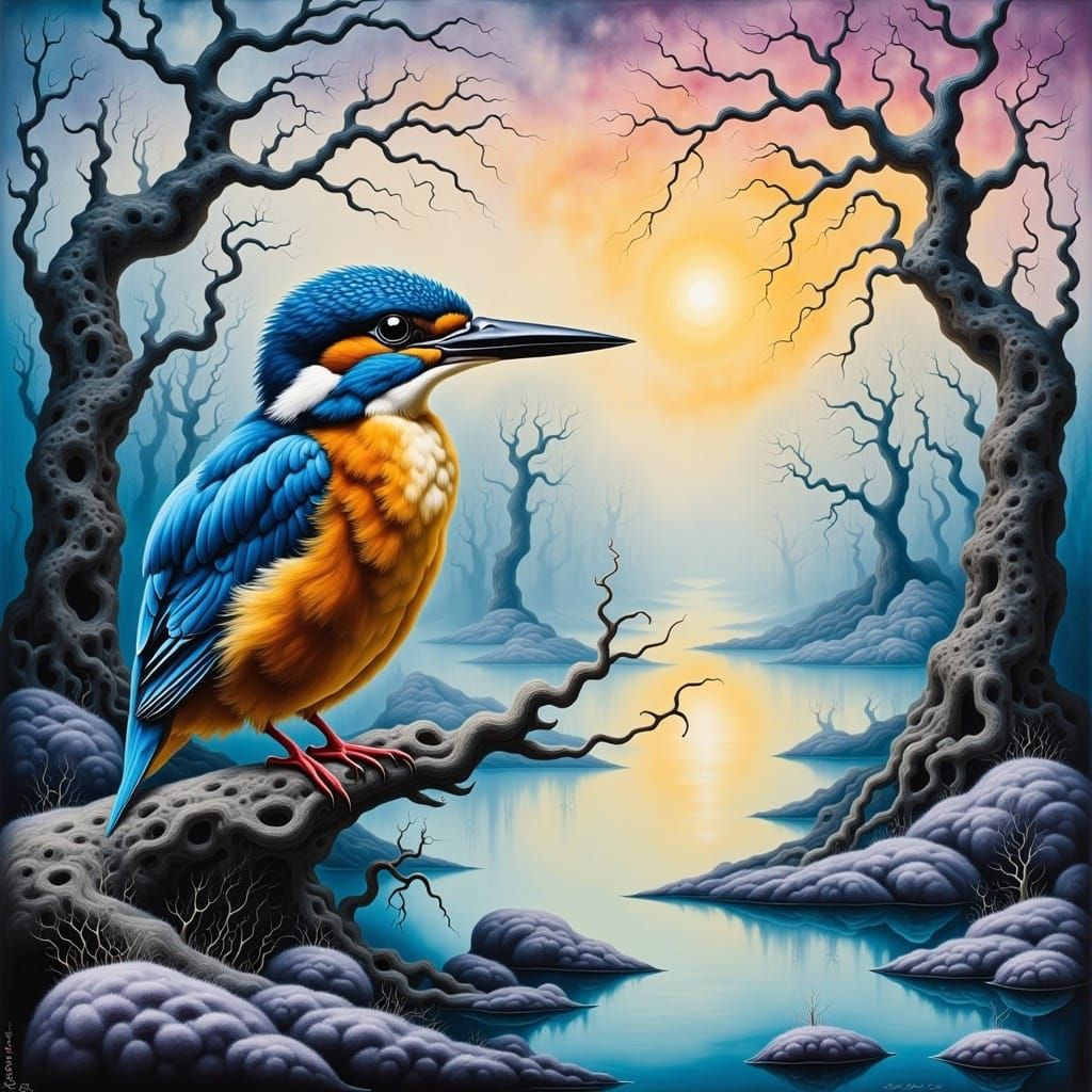 Vibrant Kingfisher in a Renaissance-Style Ink Wash