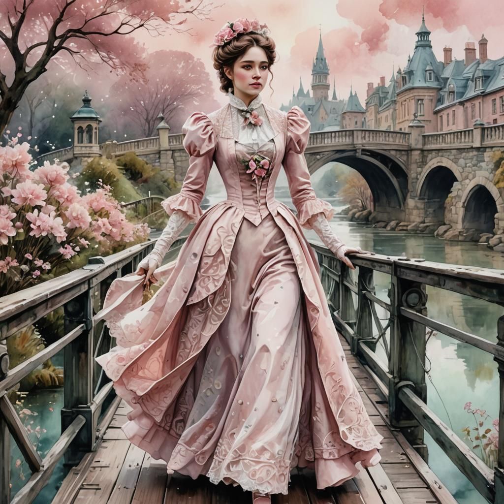 Happy Victorian Lady Walking Over a Bridge