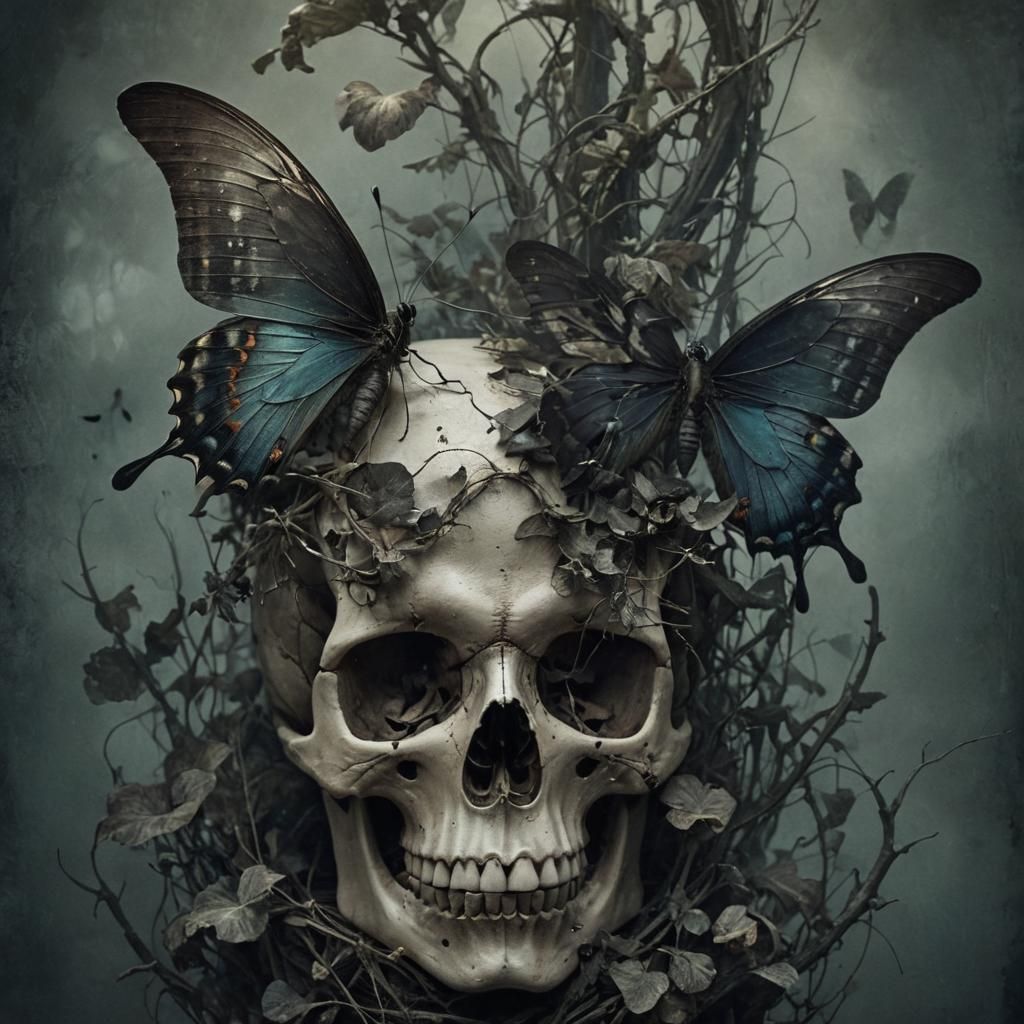 Butterfly on Skull in Dark Fantasy Illustration