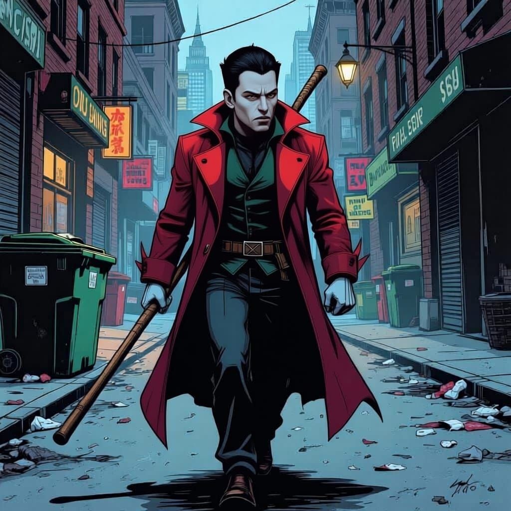 Pensive Vampire Strolls City Street in Comic Style
