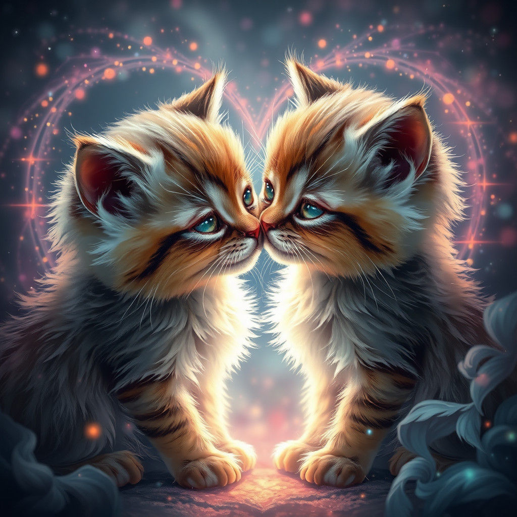 Kittens Kissing Create Heart, Fantasy Matte Painting
