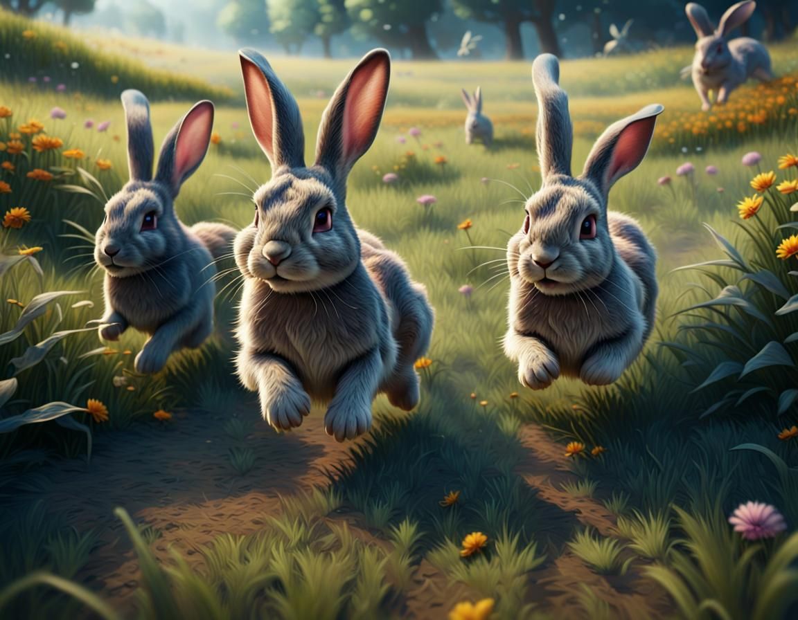 Rabbits Running in Summer Field: Detailed Matte Painting