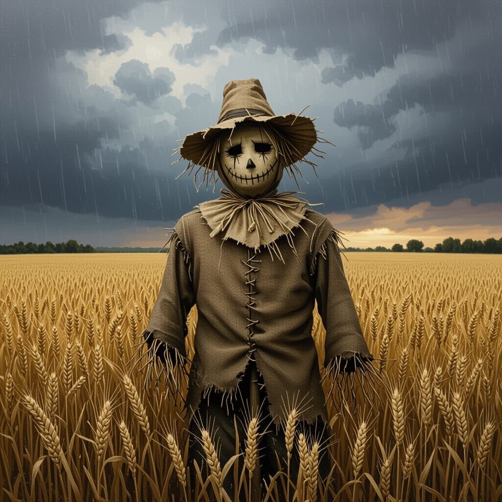 Melancholic Scarecrow in Stormy Field