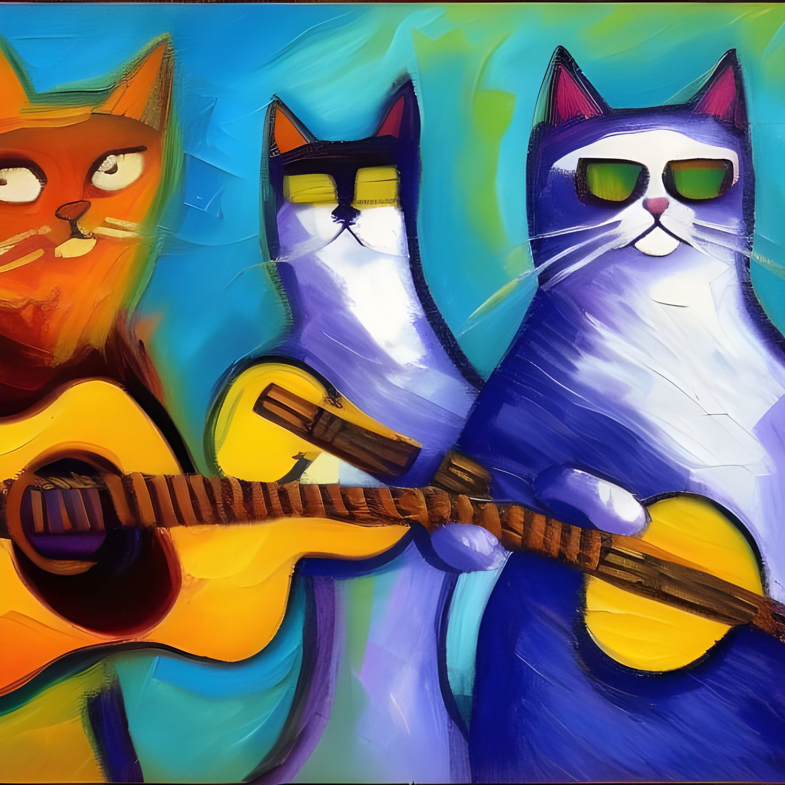 Cool Cats with Guitars in Expressionist Oil Painting
