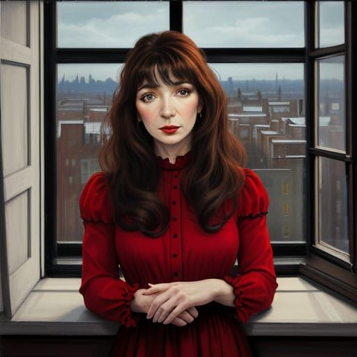 Kate Bush in Red Dress at Night: Hyper-Realistic Portrait