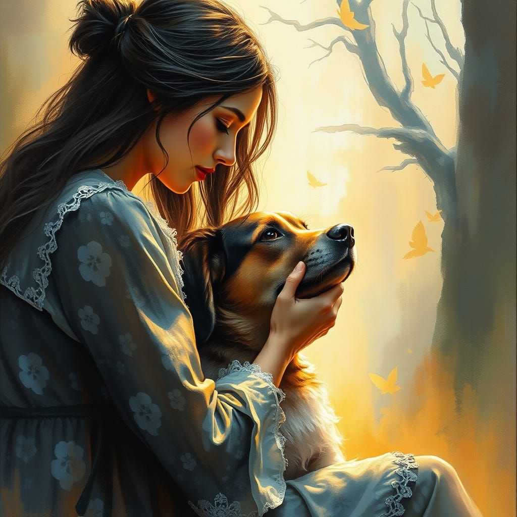 Woman Petting Dog: Ethereal Fantasy in Gouache Style
