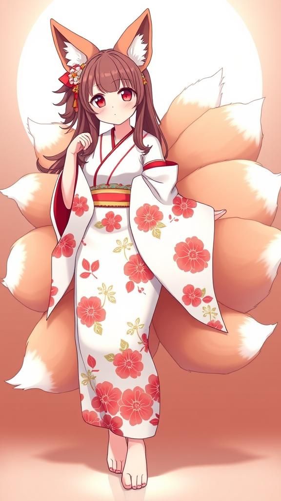 Anime Kitsune Girl in Yukata with Nine Tails