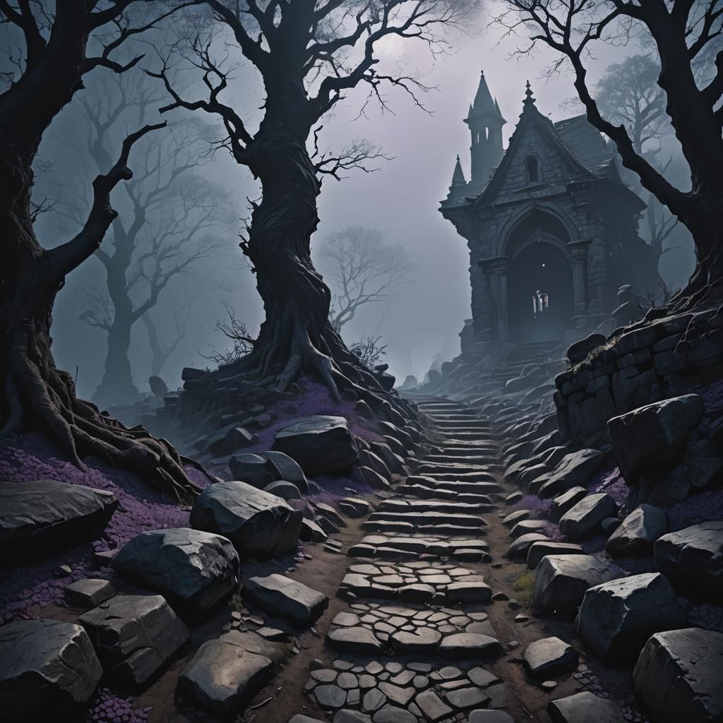 Ominous Shadow Falls on Ancient Stone Path