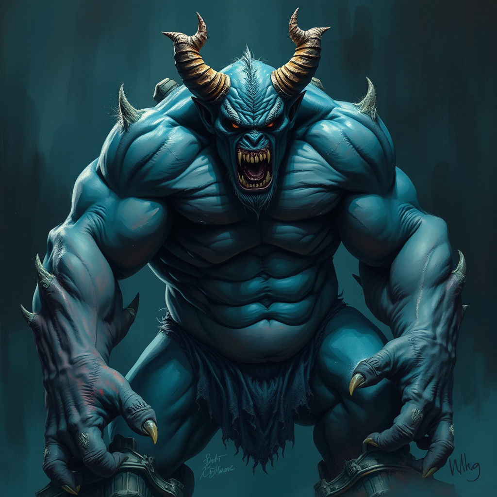 Ominous Demon Ogre in Moody Dark Fantasy Style