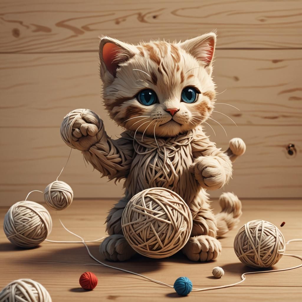 Cute Wooden Kitten with Wool Ball: Anime Style