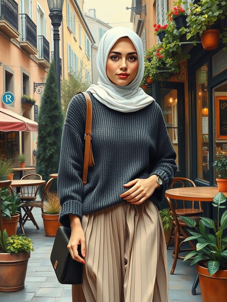 Elegant Hijabi Woman Strolls Through a Cozy City