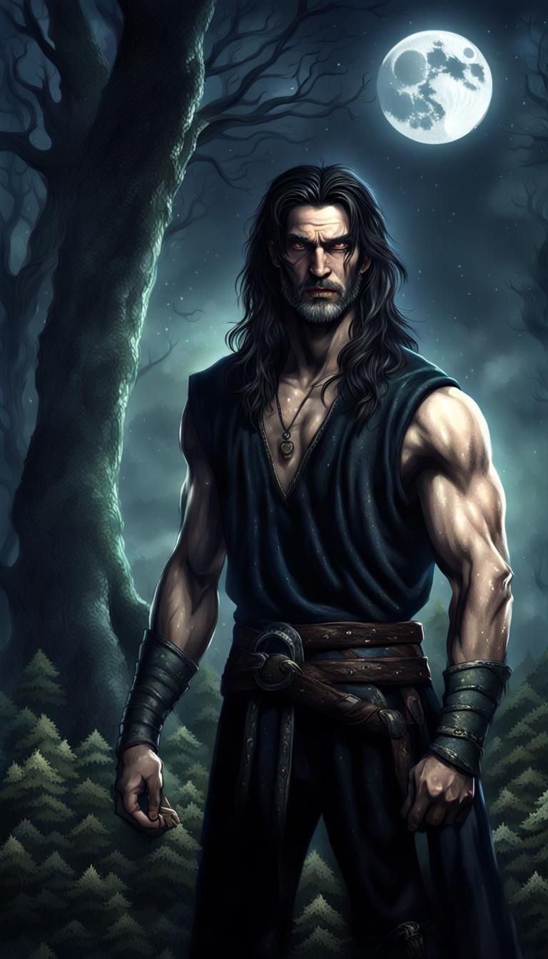 Lonely Male Witch at Forest Lake in Moonlight