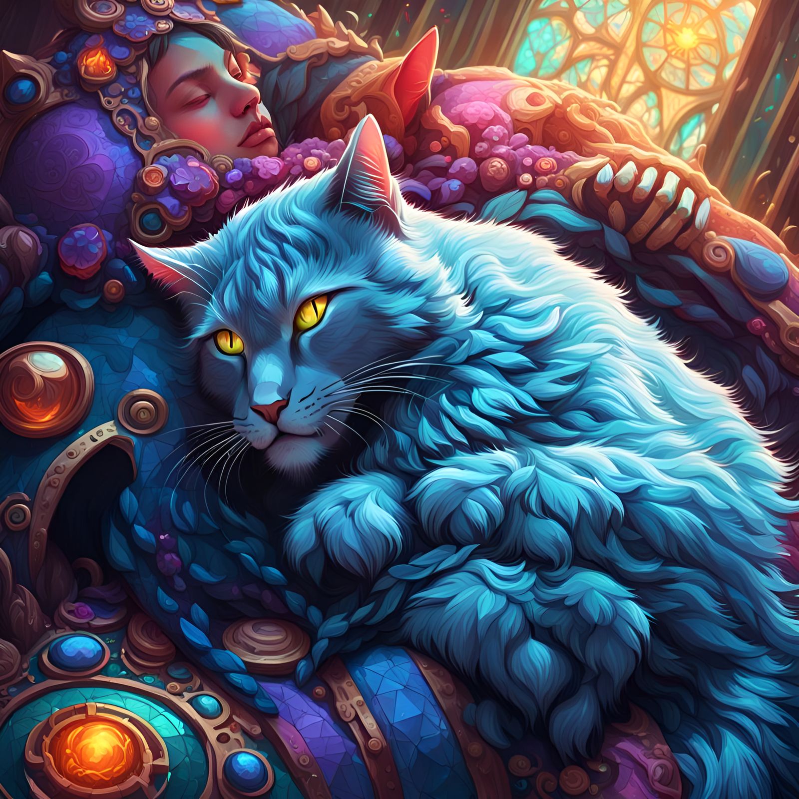 Psychedelic Giant Cat Portrait in Fantasy Castle