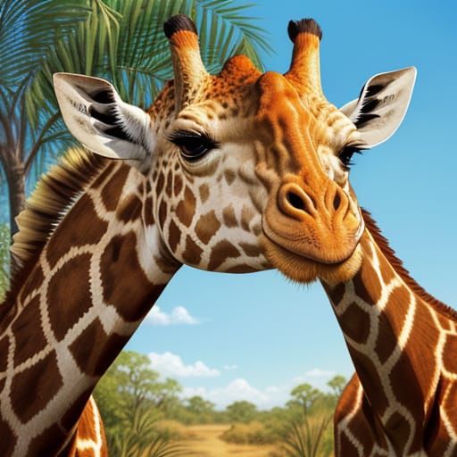 Giraffe in Sunny Savannah: Photorealistic Oil Painting
