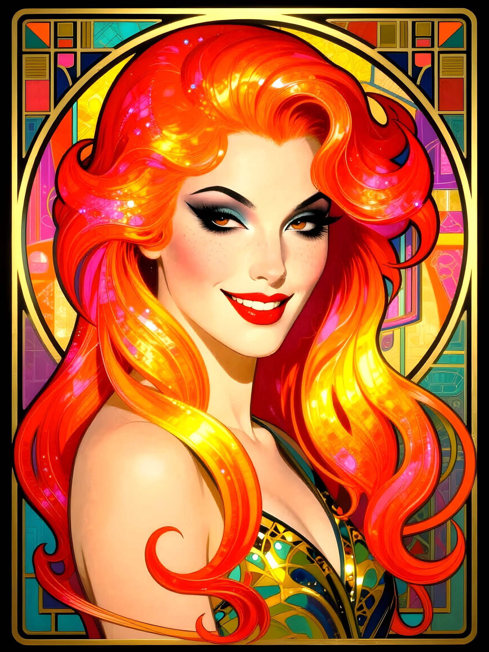 Art Deco Portrait of a Smirking Woman in Sunset Hues