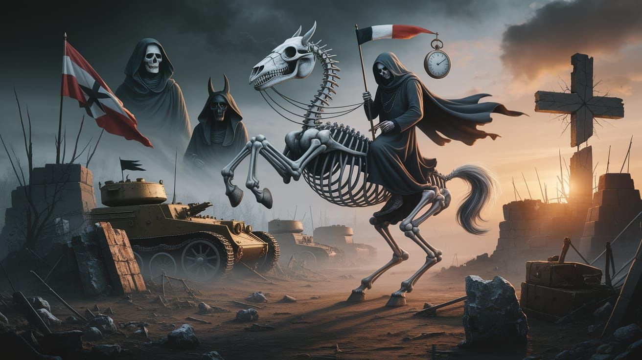 Grim Reaper on Skeletal Horse in WWII Battlefield