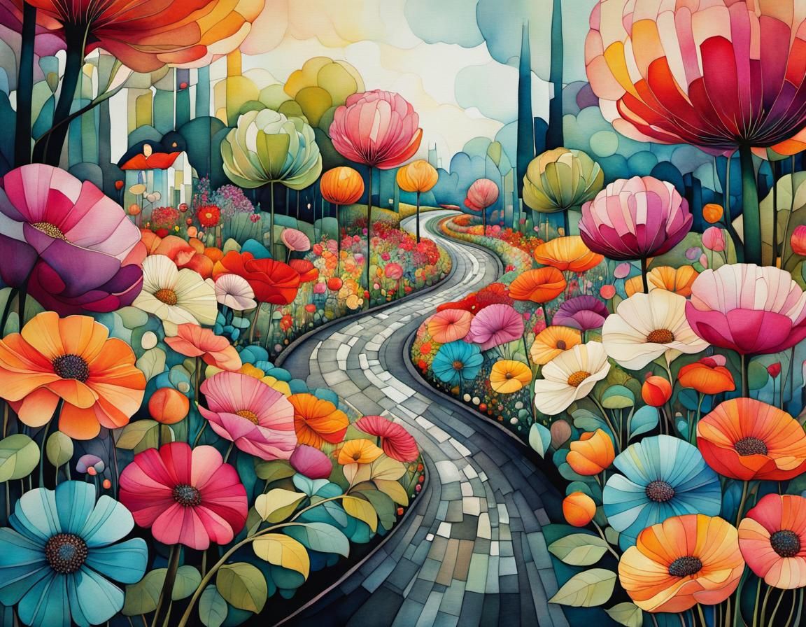 Magical Garden of Giant Flowers: Whimsical Illustration