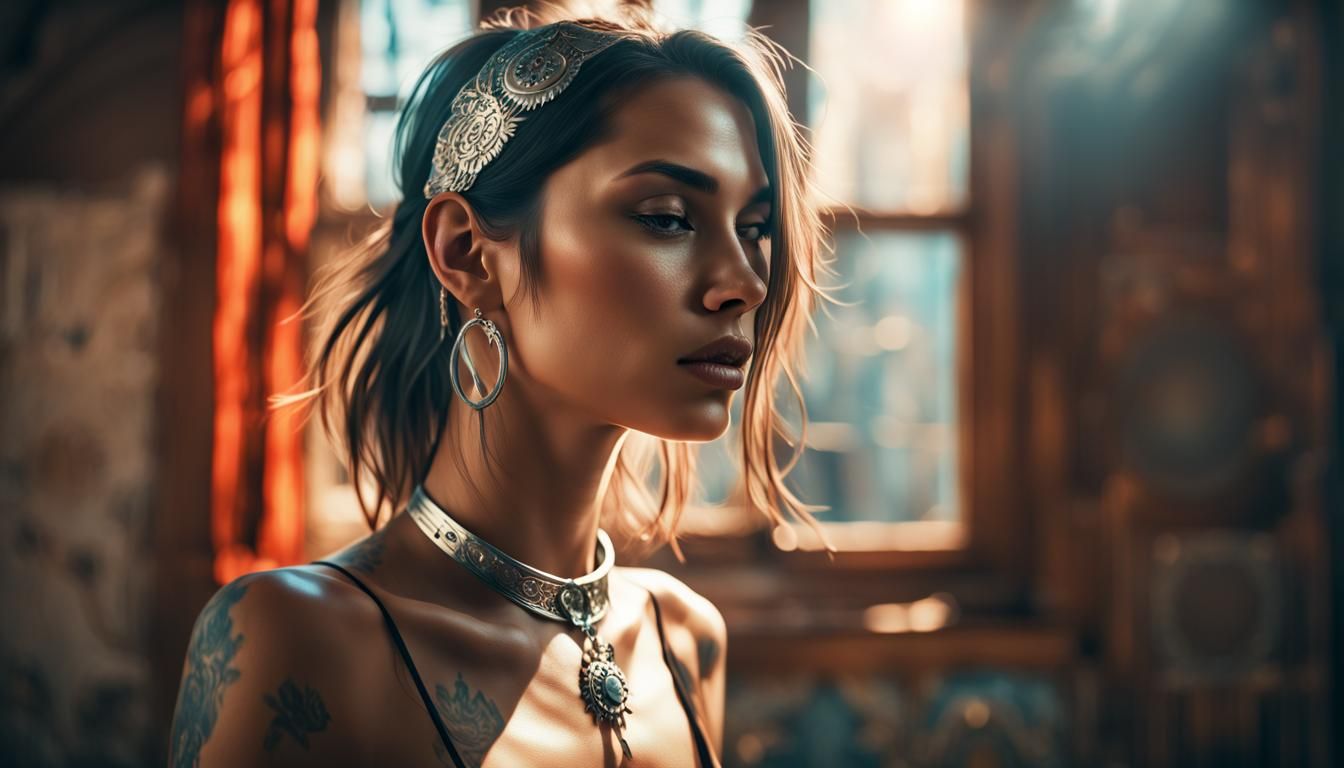 Passionate Portrait of Woman with Silver Neck Ring