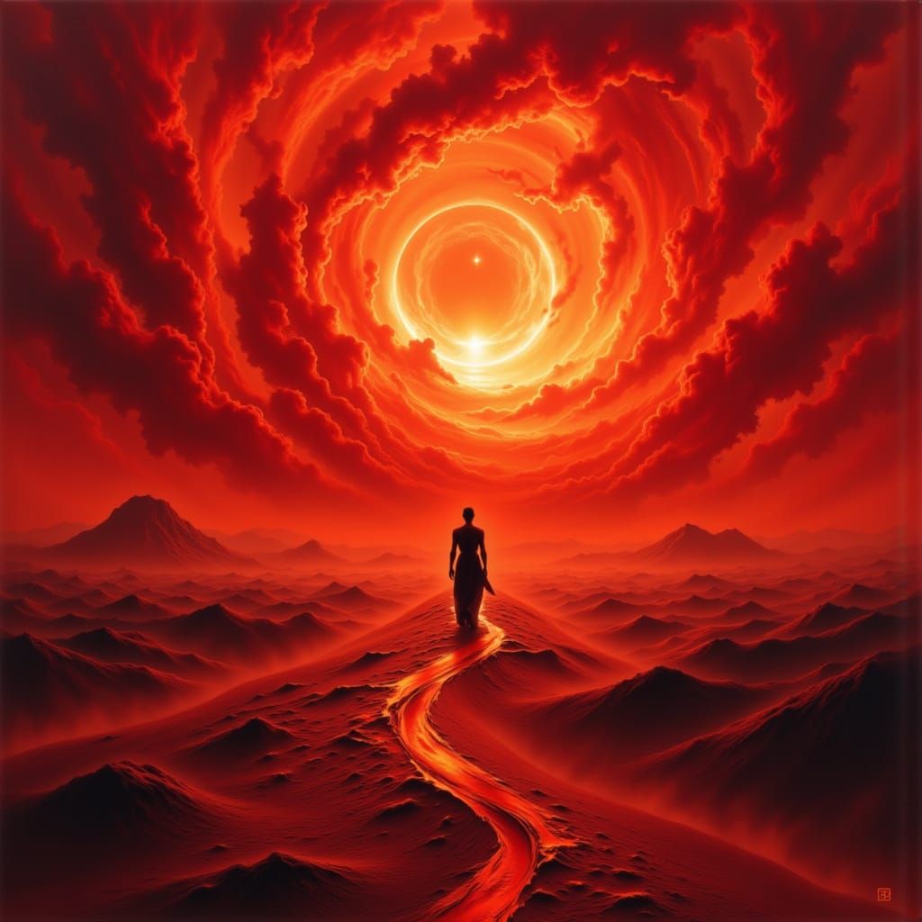 Desert Silhouette Against Fiery Sunset, Surreal Landscape