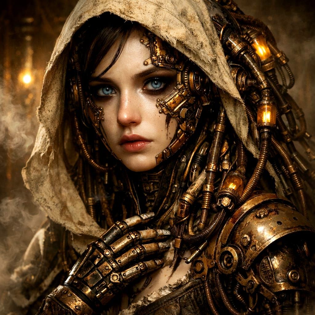 Steampunk Cyborg Oracle with Melancholic Gaze