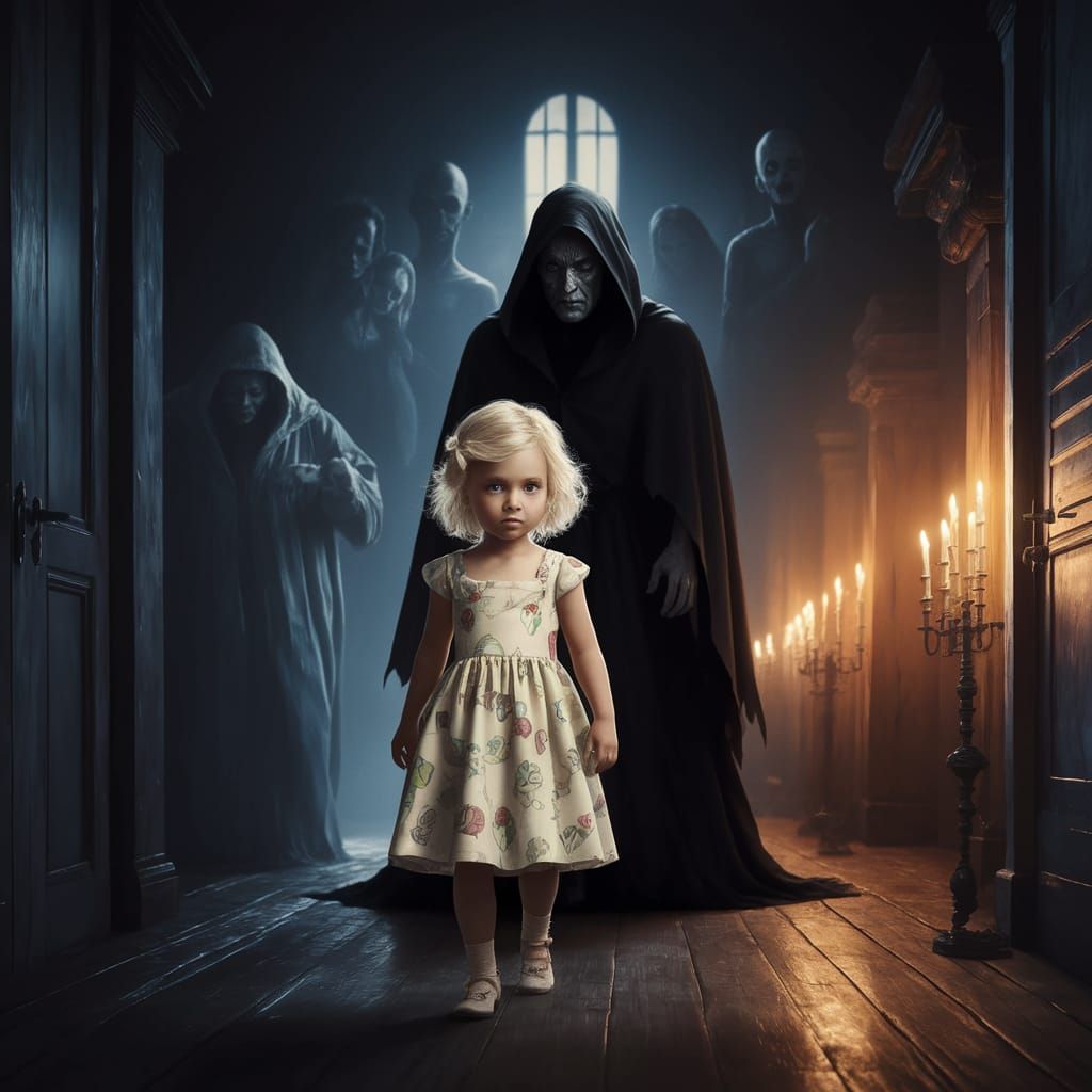 Little Girl Walks Dark Mansion Hallway in Flickering Candlel...