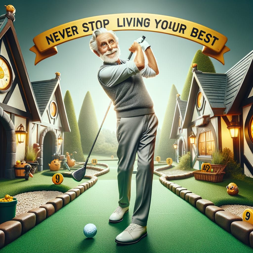 Elderly Golfer in Medieval Mini Golf Action Shot