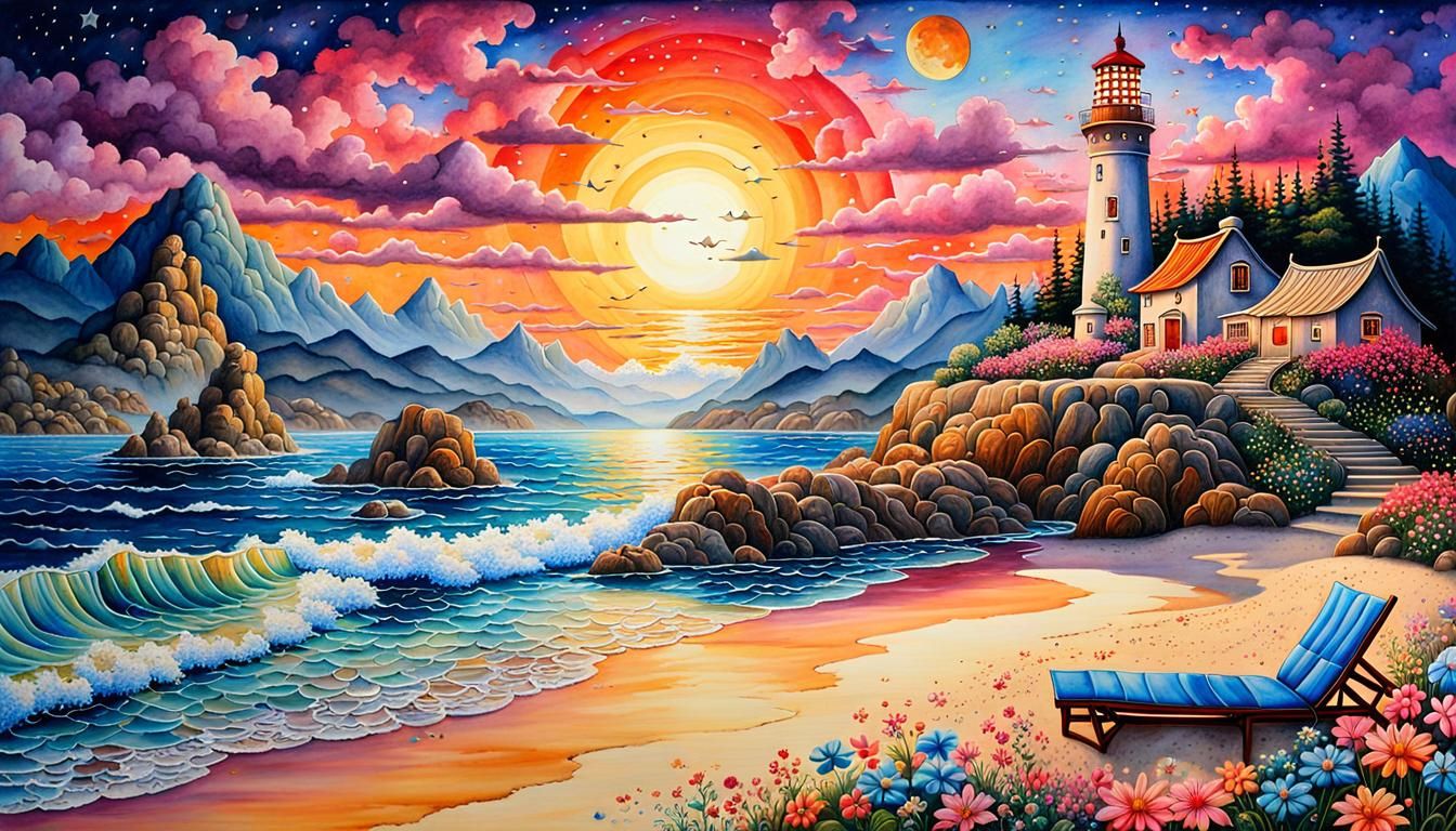 Beach Sunset in Watercolor Patchwork Style