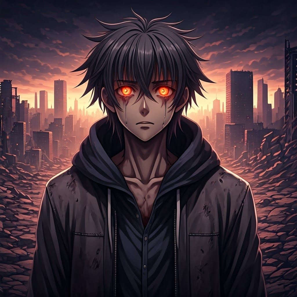 Devastated Man's Rage in Ruined Landscape